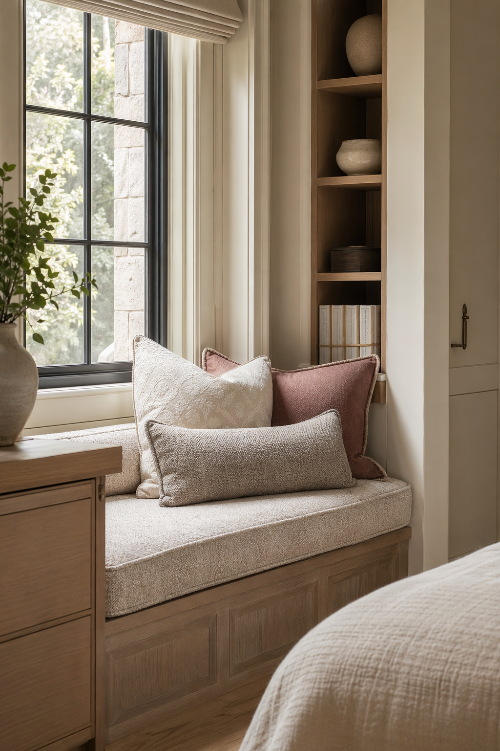 Banquette sur mesure photoréaliste habillée de tissu texturé avec coussins coordonnés et finition passepoilée.