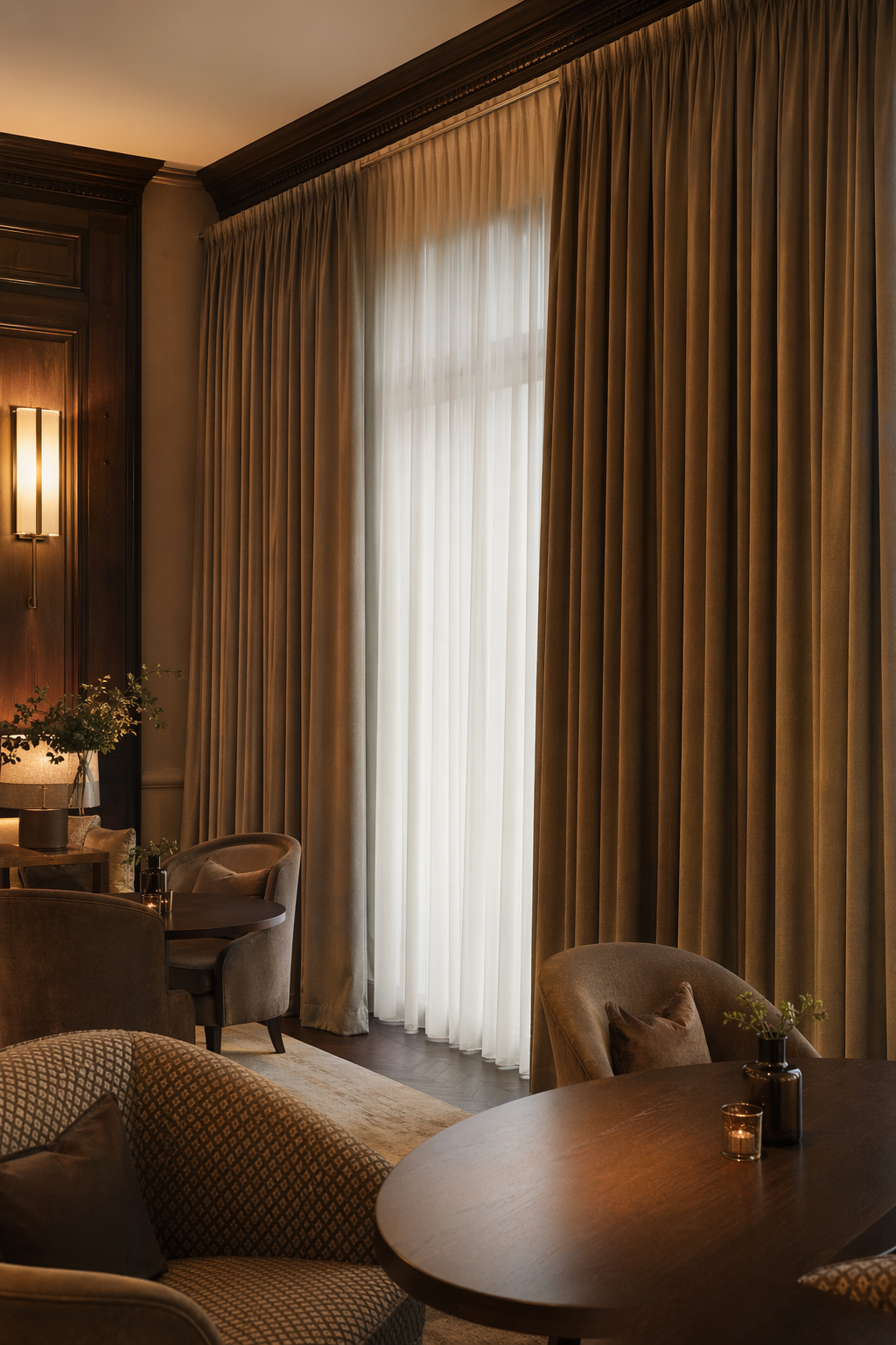 Salle de réception photoréaliste avec rideaux non-feu M1 M0 sur rail professionnel dans un intérieur élégant de type hôtel ou restaurant.