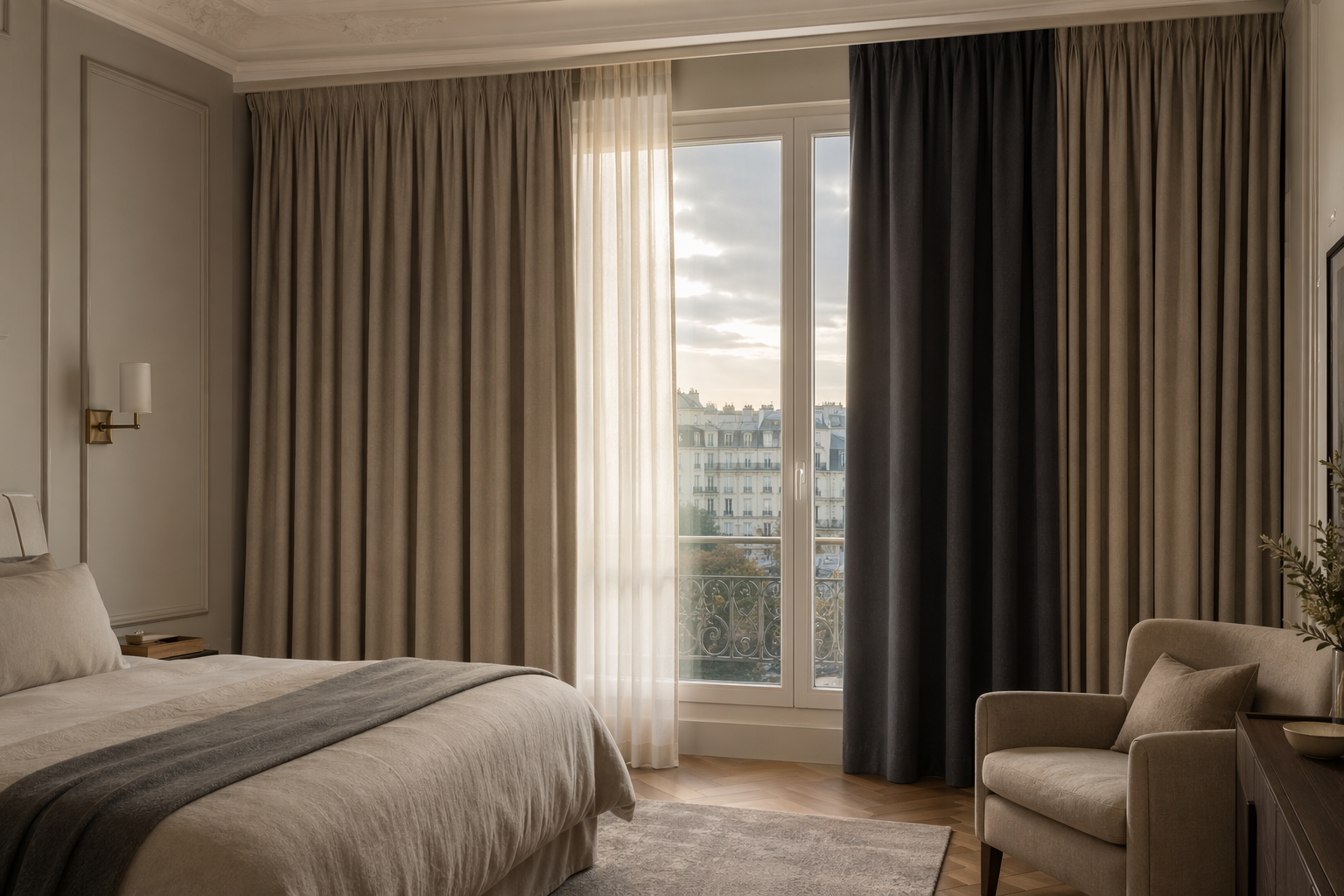 Chambre élégante avec rideaux techniques sur mesure, voilage intérieur et draperie occultante épaisse.