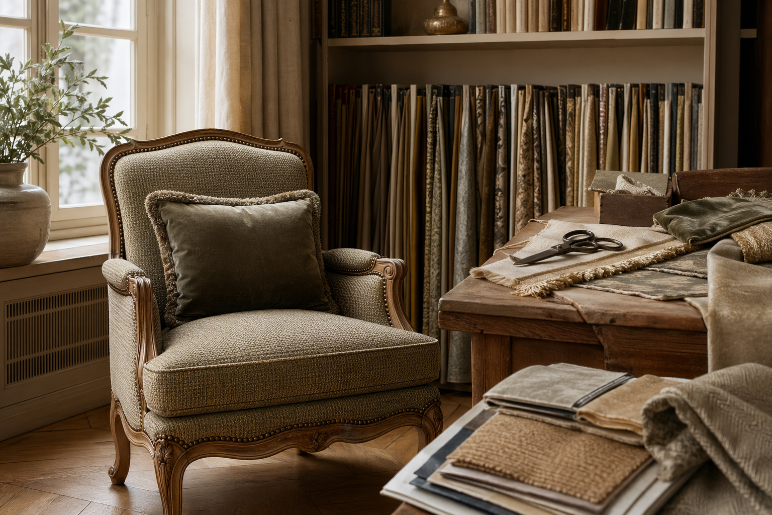 Fauteuil retapissé dans un atelier-showroom avec tissus d’ameublement, matières et outils de tapissier décorateur.