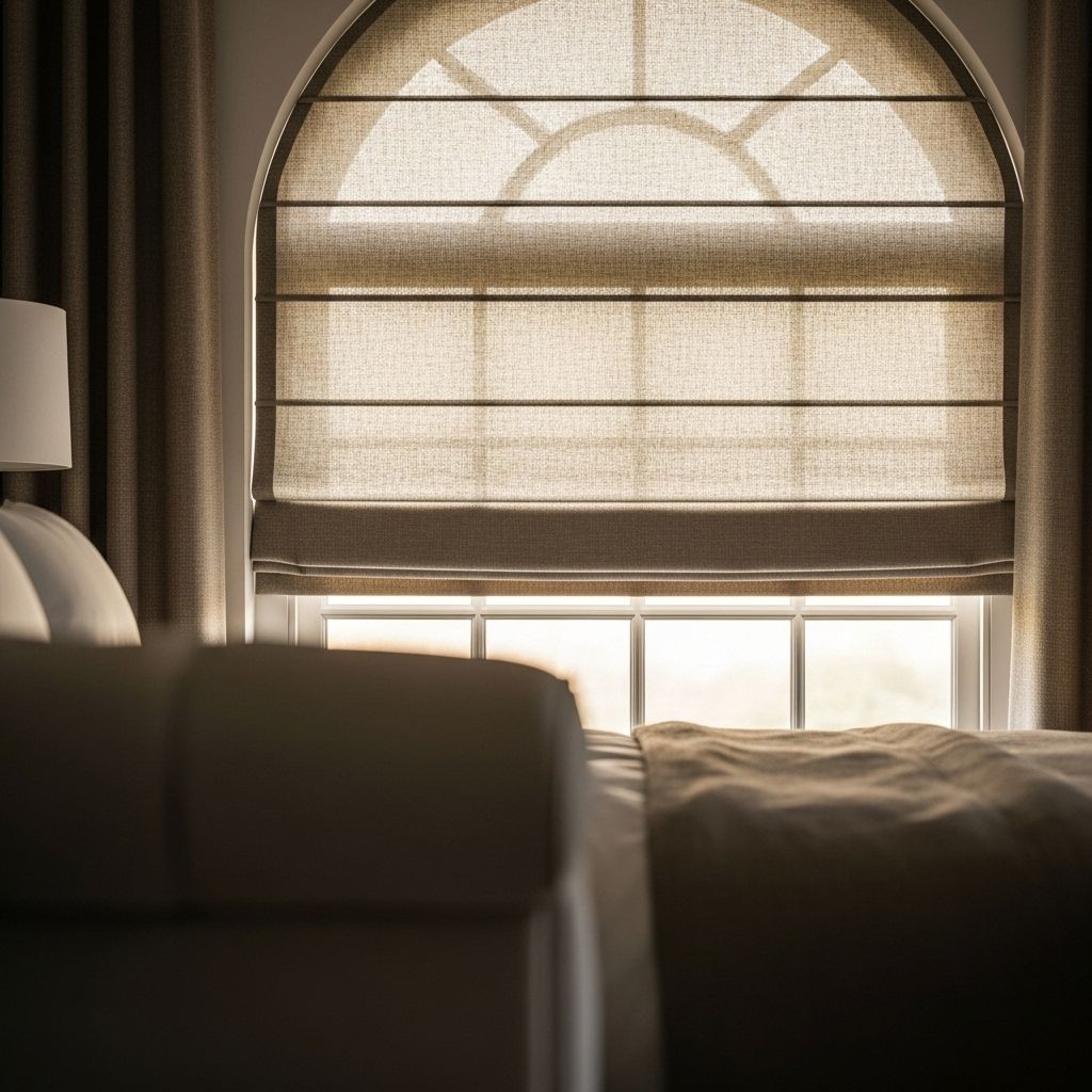 Store bateau en lin beige avec motif géométrique sur fenêtre cintrée dans chambre élégante