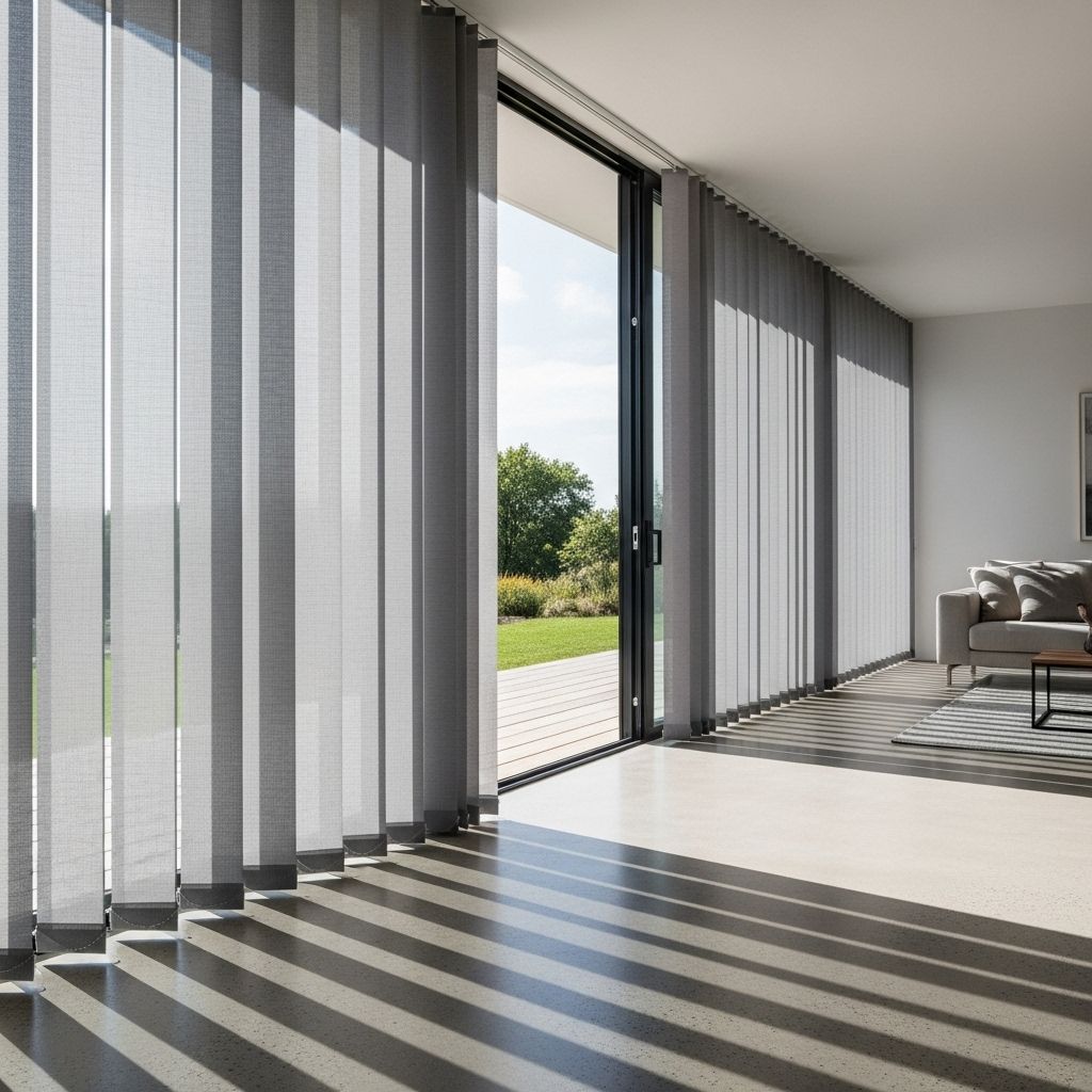 Store californien à bandes verticales grises dans salon contemporain avec baie vitrée