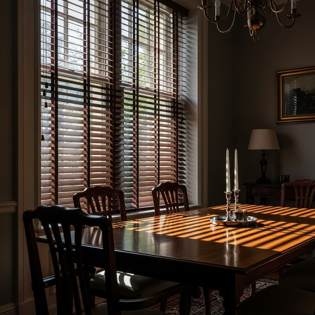 Store vénitien en bois créant des jeux d'ombre dans salle à manger classique