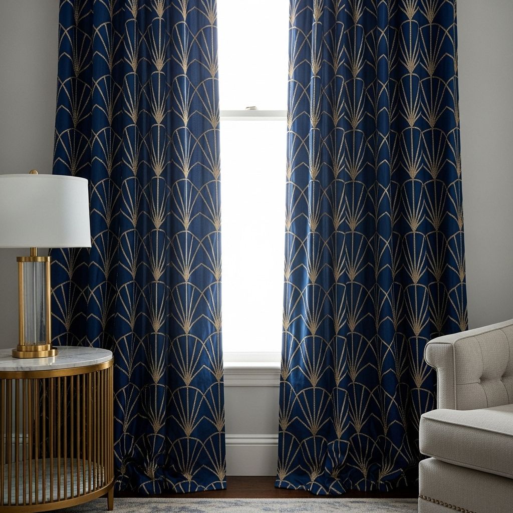 Rideaux Art Déco bleu nuit avec motifs géométriques dorés en éventails années 20