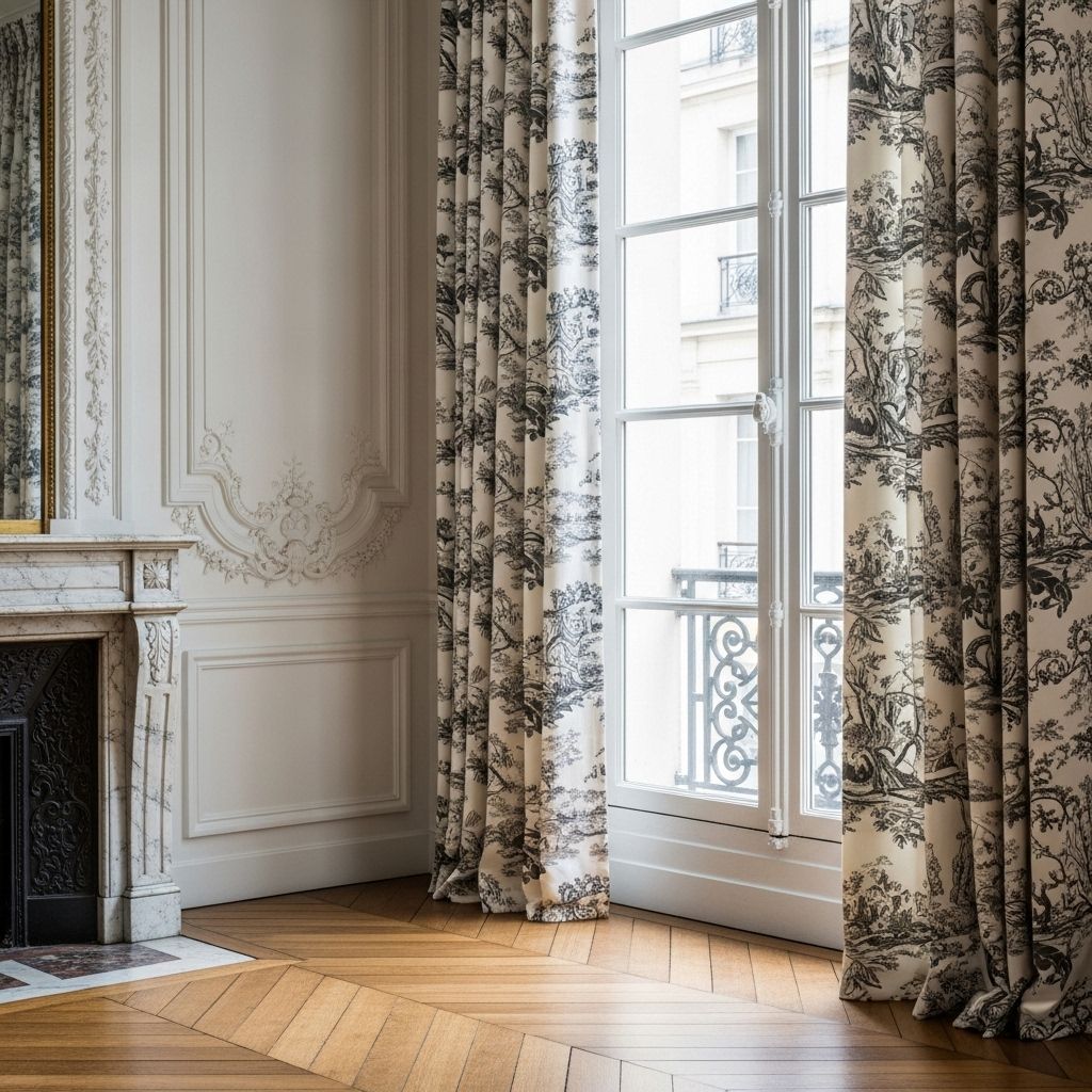 Rideaux classiques français avec toile de Jouy noire sur fond blanc dans appartement haussmannien