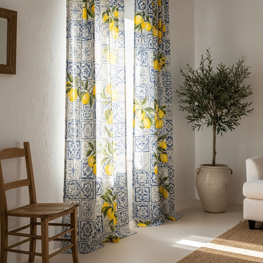 Rideaux méditerranéens avec motifs citrons et azulejos bleus sur fond blanc lumineux