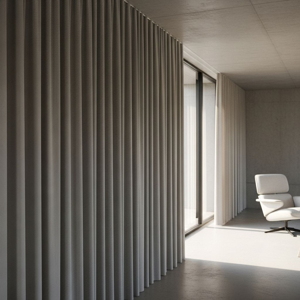 Rideaux minimalistes gris taupe avec plis réguliers sur rail plafond dans espace épuré