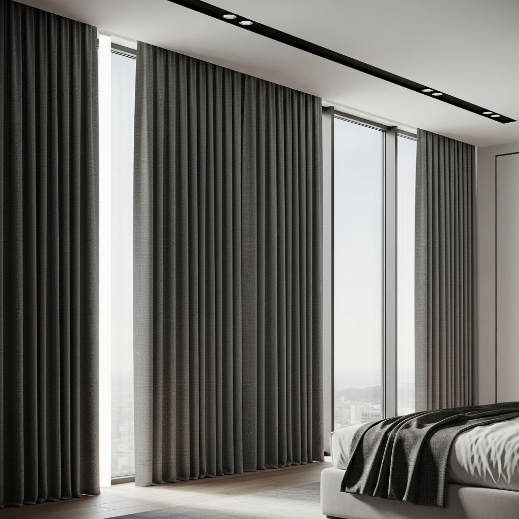 Rail chemin de fer encastré au plafond avec rideaux gris anthracite dans chambre moderne