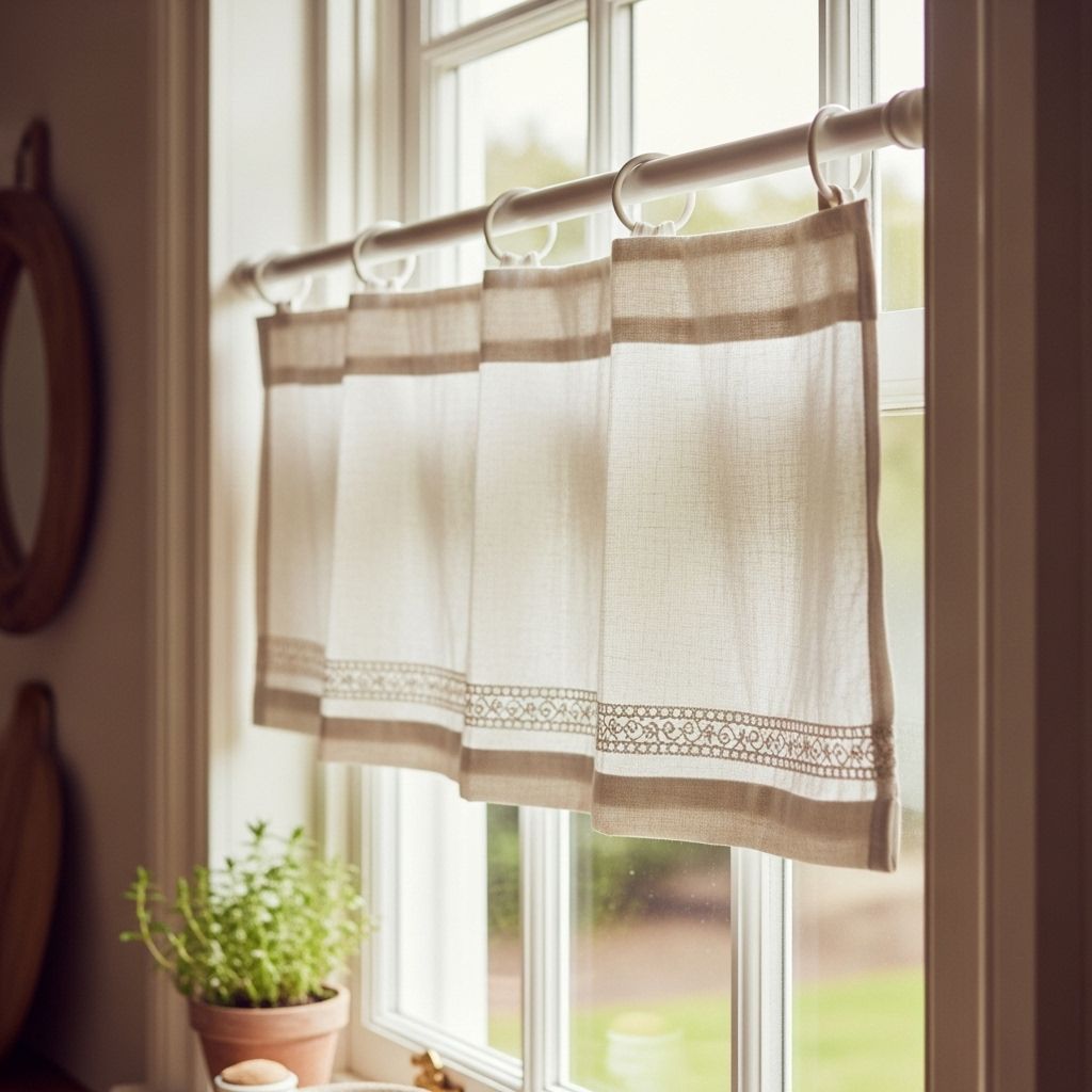 Tringle de vitrage dorée avec voilage en lin brodé beige et dentelle