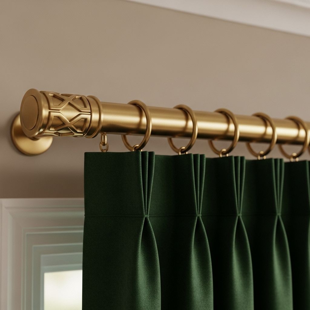 Tringle dorée avec embout décoratif géométrique et rideau velours vert